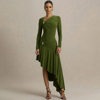 Autumn Winter Graceful Fashionable Women Slim Dress Sexy Pleated Irregular Asymmetric Maxi Dress JULISSA