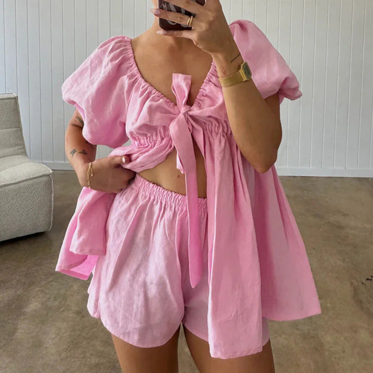 Casual Women Summer V neck Puff Sleeve Lace up Top Loose Shorts Two Piece Sets Kigali