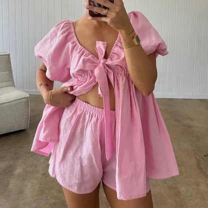 Casual Women Summer V neck Puff Sleeve Lace up Top Loose Shorts Two Piece Sets Kigali