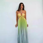 Personalized Summer Gradient Color Halter Pleated Long Women Dress Lyncent
