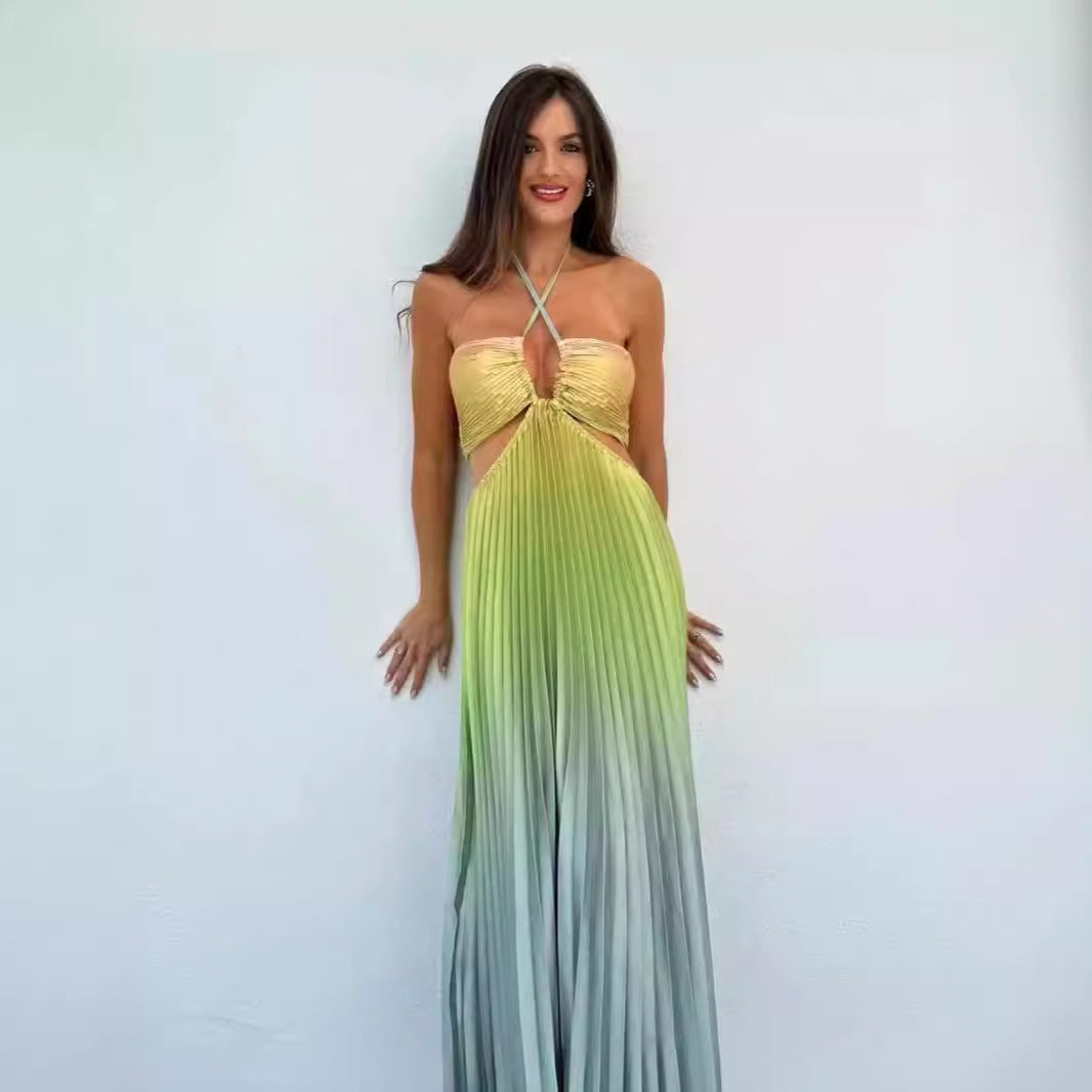 Personalized Summer Gradient Color Halter Pleated Long Women Dress Lyncent
