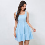 Sexy Elegant Square Cut Collar Design Pleated Hem Waist Slimming Dress Yiskiss