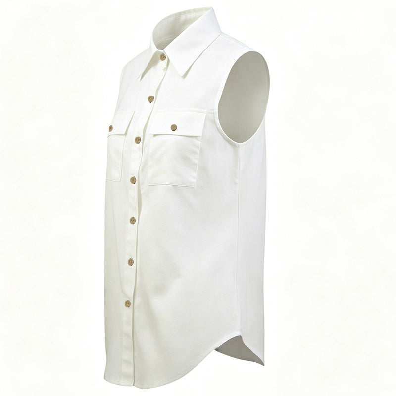 French Casual Cotton Linen Sleeveless Shirt Women Summer Collared Double Pocket Loose Shirt Vacation Top CONY