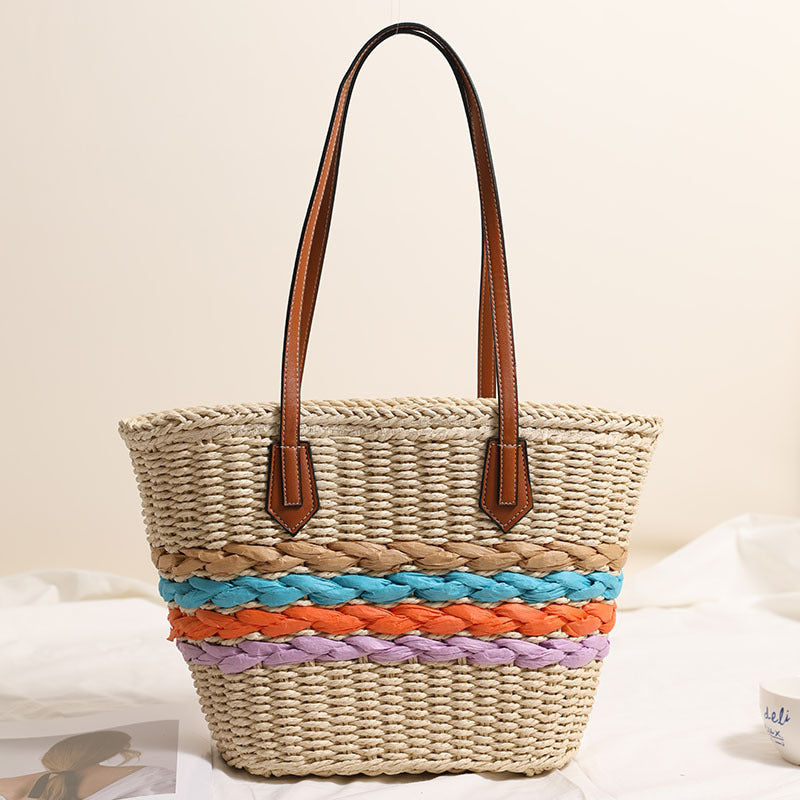 Sac bohème à bandoulière en paille à rayures arc-en-ciel, sac tissé, sac de plage pour femme 
