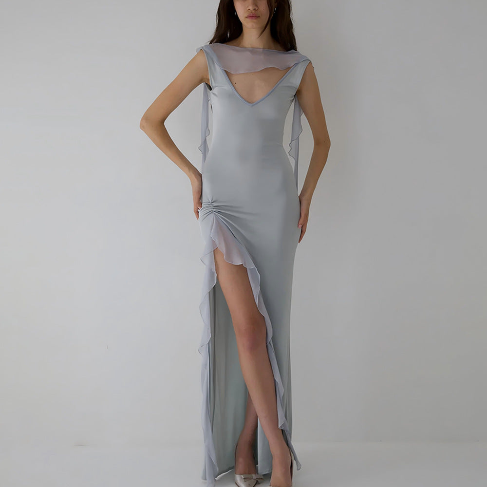 Summer Elegant Ribbon Women Dress Sexy Backless High Slit Ruffled Slim Dress