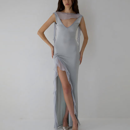 Summer Elegant Ribbon Women Dress Sexy Backless High Slit Ruffled Slim Dress