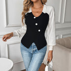 Autumn Winter French Lightly Mature Black White Contrast Color Fitted Waist Sweater Women HUNDRED