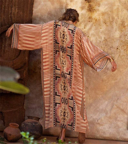 Rayon Positioning Printed Sexy Cardigan with Belt Beach Cover-up Vacation Skirt Beach Cover Up