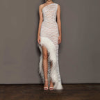 Spring Summer Women Clothing Solid Color Sleeveless Irregular Asymmetric Diagonal Collar Mesh Evening Maxi Dress SCC