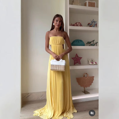 Women Summer Cami Dress Sexy Pleated Backless Dress