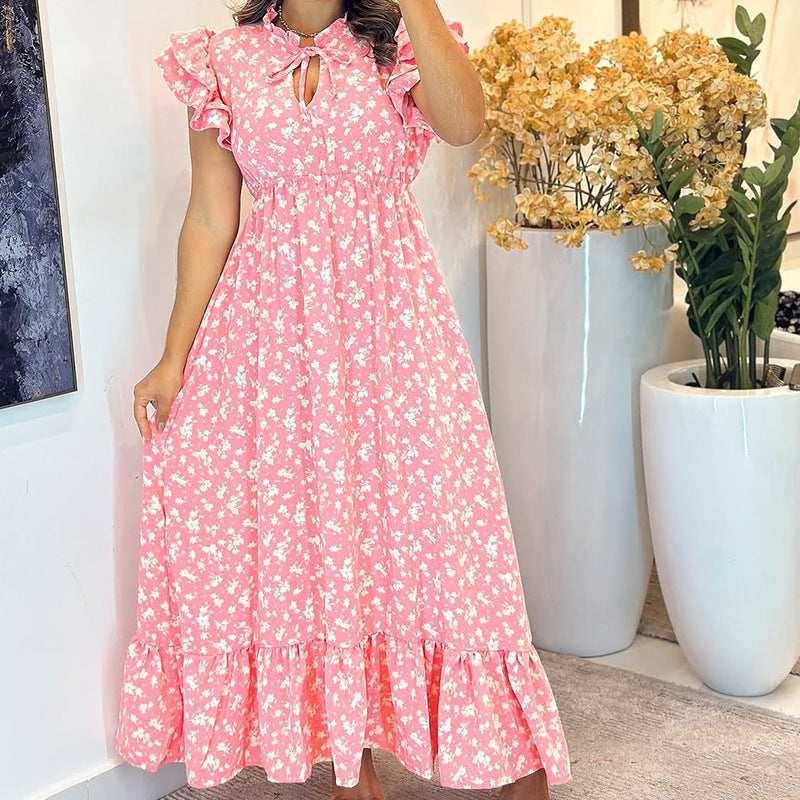 Women Clothing Summer Flying Sleeves High Waist Floral Print Large Swing Vacation Dress CONY