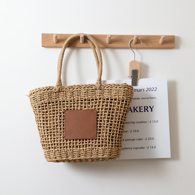 Bolso de paja tailandés de nicho, retro, de un solo hombro, portátil, con aberturas, tejido, para mujer, para vacaciones en la playa 