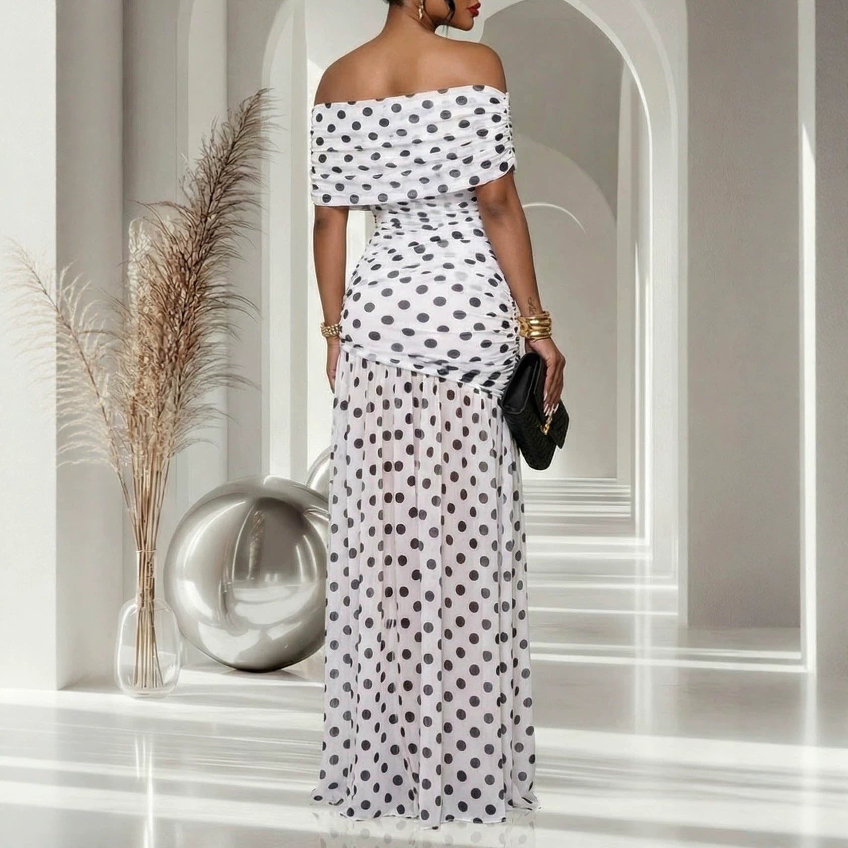 Women Dress Polka Dot Split Patchwork Cold Shoulder Cocktail Sheath Dress Endless