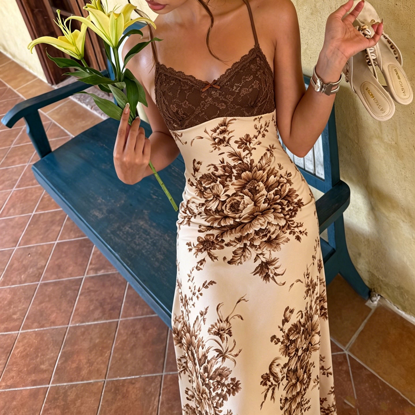 Sexy Retro Lace Stitching Chest Strap Dress French Elegant Romantic Floral Dress LingSharp