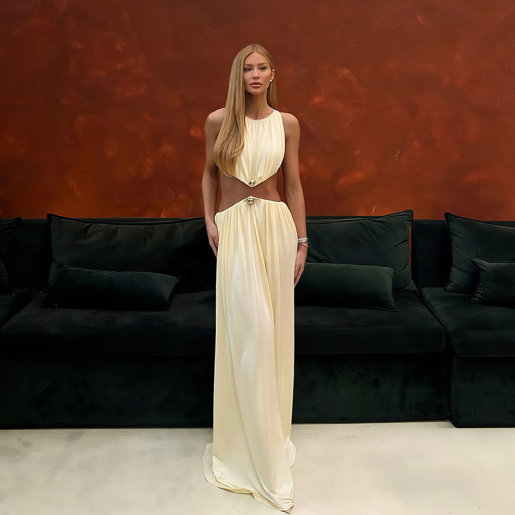 Fall Women Clothing Sexy Waist Hollow Out Cutout out Maxi Dress round Neck Sleeveless Solid Color Dress Cecil