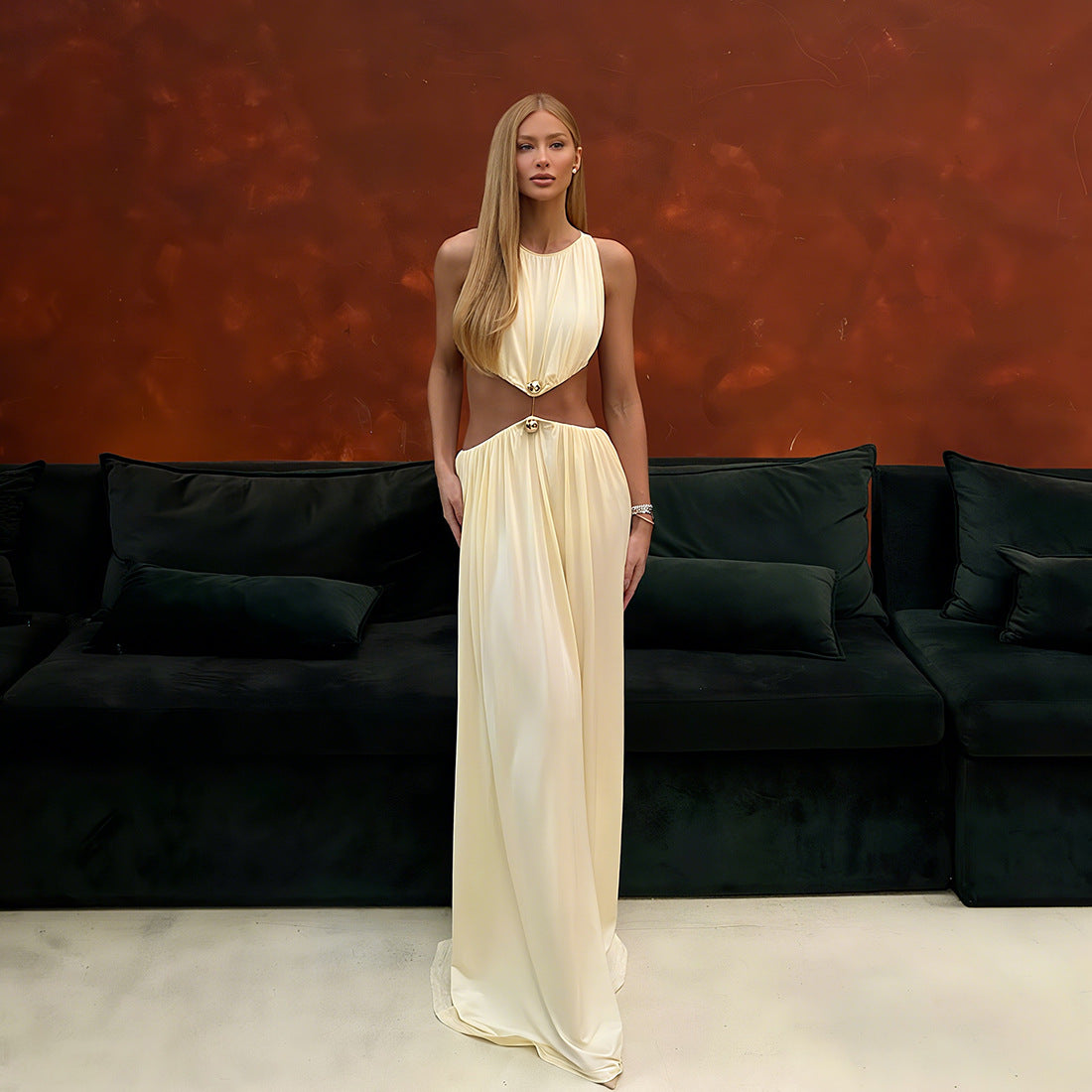Fall Women Clothing Sexy Waist Hollow Out Cutout out Maxi Dress round Neck Sleeveless Solid Color Dress Cecil