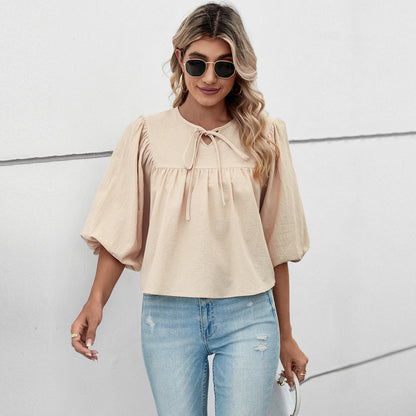Ropa de mujer, camisa holgada de manga cinco cuartos con lazo y cuello redondo para mujer, top dulce