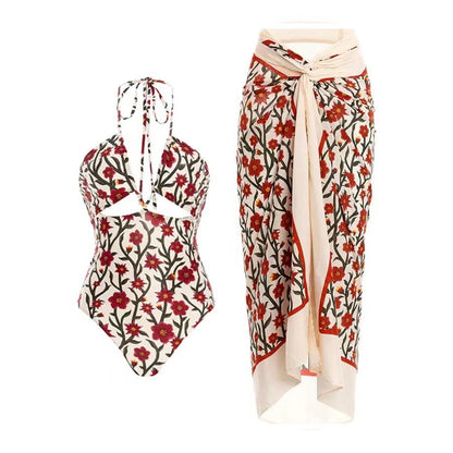 Two Piece Swimsuit Conservative Hollow Out Cutout out Tied Halter Sheath Gauze Skirt Swimsuit for Women