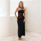 Robe d'été pour femme, asymétrique à épaules dénudées, décolleté cache-cœur en maille fine et dos nu cousu.