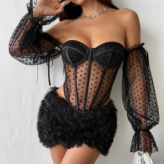 Autumn Special Interest Design Lace up See through off Shoulder Bell Sleeve Steel Ring Boning Corset Top for Women