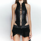 Summer Women Sexy Front Chest Lace up Cutout Cropped Outfit Strap Design Top Skirt Sets HERMS