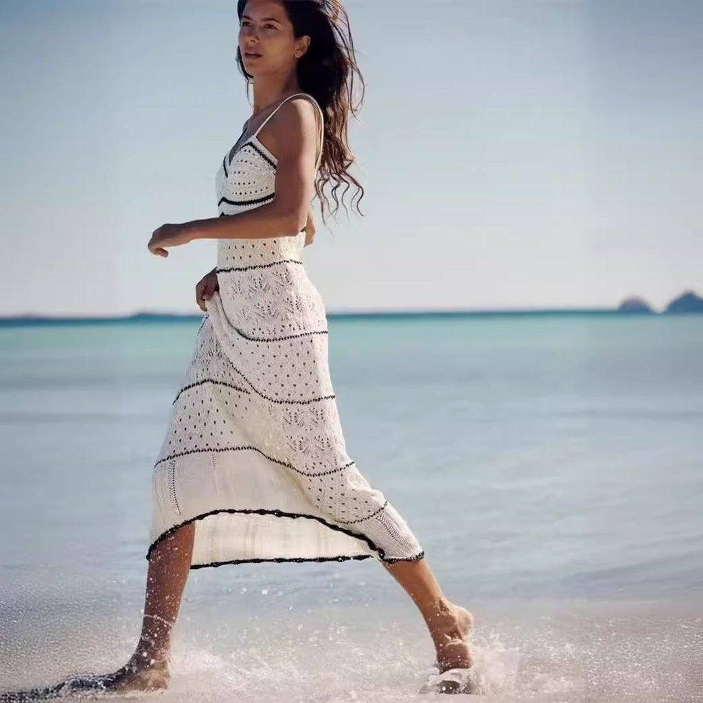 Spring Summer Sexy Knitted Hollow Out Cutout Out Long Strap Dress Mangar