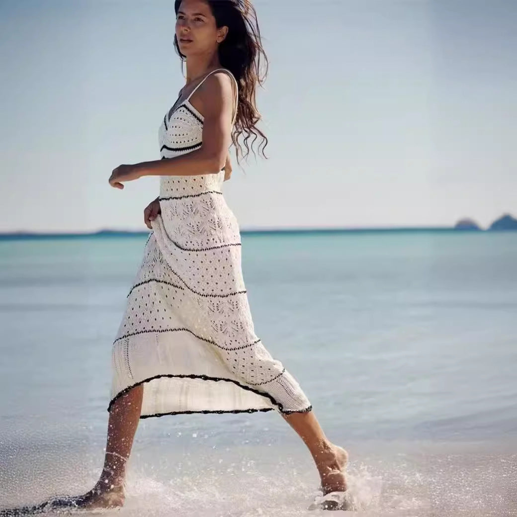 Spring Summer Sexy Knitted Hollow Out Cutout Out Long Strap Dress Mangar