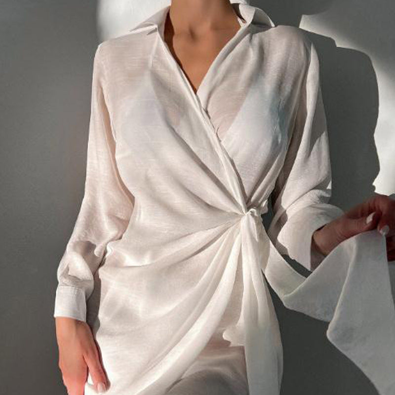 Vacation Sun Protection Shirt Long Sleeve Loose Solid Color V Neck Shirt Mid Length Ice Silk Blouse
