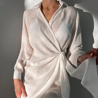 Vacation Sun Protection Shirt Long Sleeve Loose Solid Color V Neck Shirt Mid Length Ice Silk Blouse