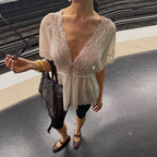 Autumn Chiffon Shirt Sexy Deep V Plunge Lace Edge Long See through Loose Non Elastic Top LAGERFELD