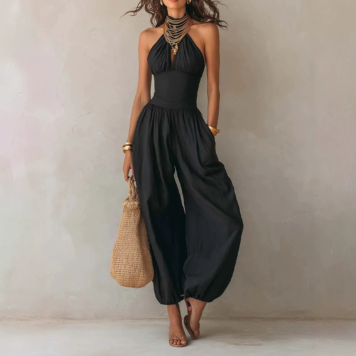 Women Clothing Jumpsuit Black Sleeveless Halter Backless Jumpsuit High Waist Tight Waist Vacation Rogan