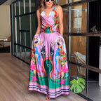 Spring Summer Sleeveless Printed Dress Casual Loose Vacation Lace up Dress Oyrina