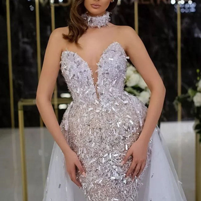 Robe d'été pour femme, robe longue sans manches à sequins et à traîne en résille