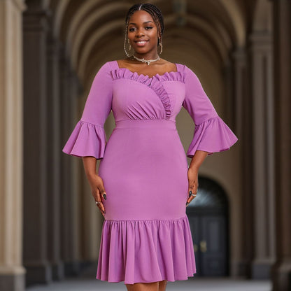 Purple Square Collar Flared Fishtail with Wooden Ears Elegant V Back Dresses