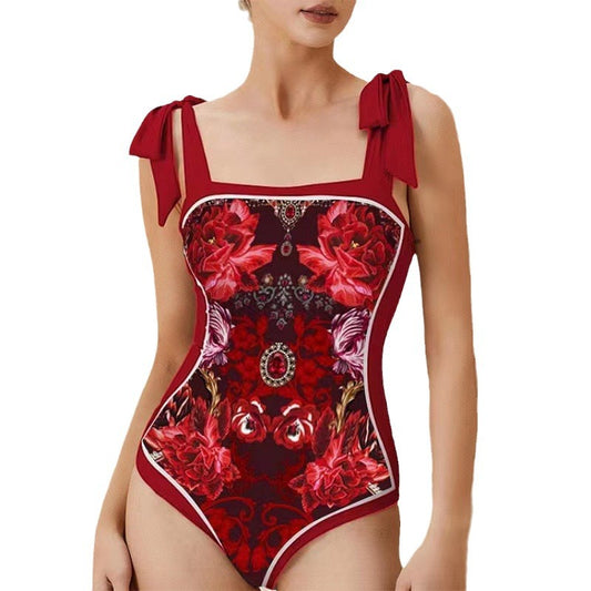 Traje de baño conservador con protector solar para mujer, falda de gasa estampada vintage, bikini