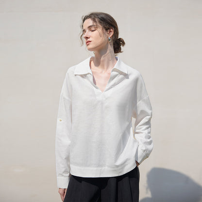Camisa de manga larga con cuello en V en blanco puro para mujer, camisa holgada de lino para otoño e invierno, top holgado avanzado