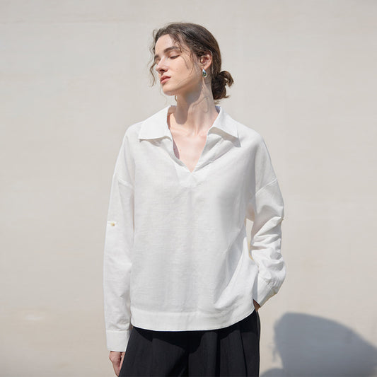 Camisa de manga larga con cuello en V en blanco puro para mujer, camisa holgada de lino para otoño e invierno, top holgado avanzado