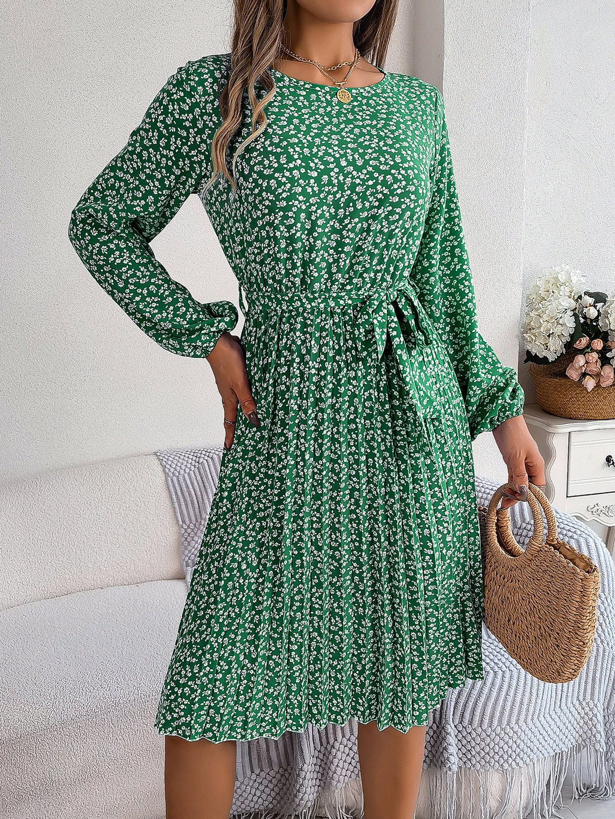 Spring Summer Casual Long Sleeved Floral Large Hem Pleated Women Clothing BAGIISA