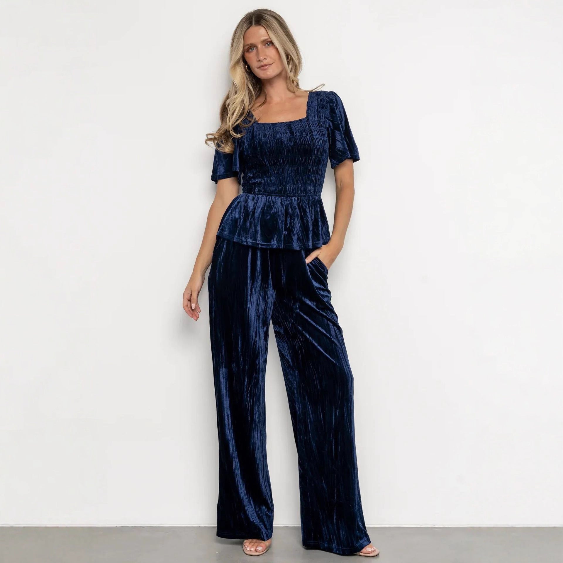 Velvet Women Solid Color Pleated Slim Casual Short Sleeved T shirt Pants Wide Leg Two Piece Set DREAMCHIN