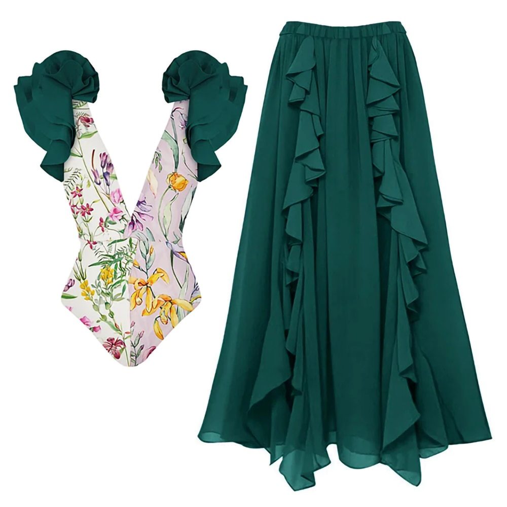 Traje de baño sexy para mujer, traje de baño conservador con cubierta de vientre, conjunto de falda de playa de gasa de primavera.