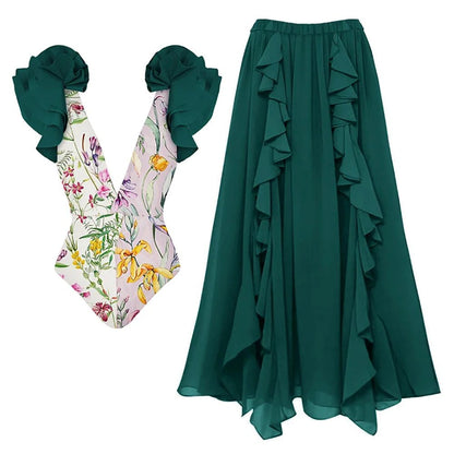 Traje de baño sexy para mujer, traje de baño conservador con cubierta de vientre, conjunto de falda de playa de gasa de primavera.