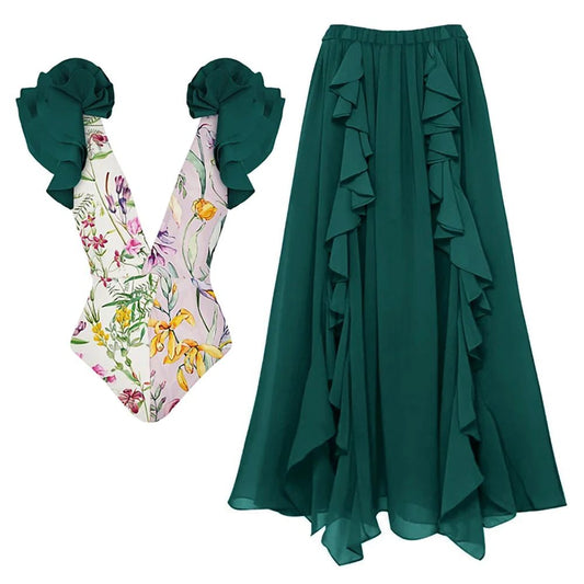 Traje de baño sexy para mujer, traje de baño conservador con cubierta de vientre, conjunto de falda de playa de gasa de primavera.