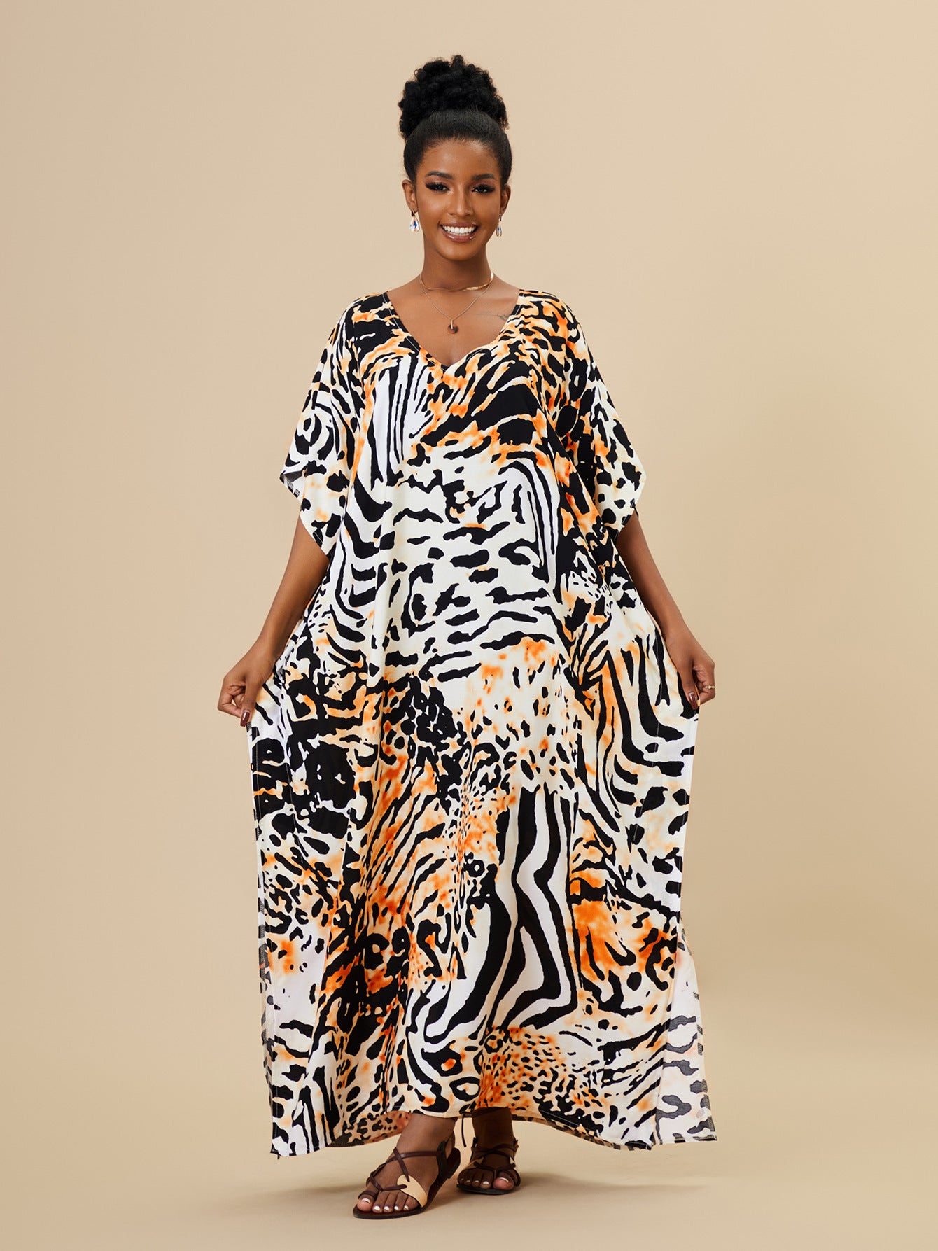 Vestido playero largo y holgado de rayón con estampado de posicionamiento para mujer