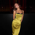 Elegant Lady Green Satin Contrast Color Bandeau Sling Women Clothing Solid Color Elegant Dress for Women LaceCH