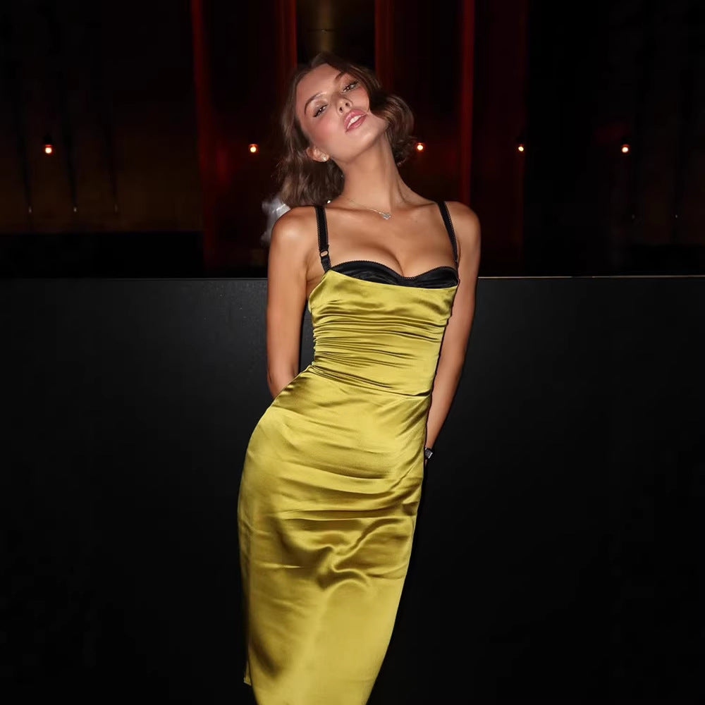 Elegant Lady Green Satin Contrast Color Bandeau Sling Women Clothing Solid Color Elegant Dress for Women LaceCH