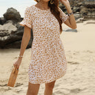 Summer Women Clothing Short Sleeve Ruffled Round Neck Printed Seaside Holiday Dress HUNDRED