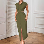 Vestido tipo cárdigan con cuello alto y cintura ajustada y aberturas para mujer