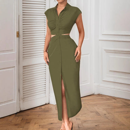 Women Clothing Sexy Cutout Tight Waist Stand Collar Cardigan Dress Tight Waist Baring Dress