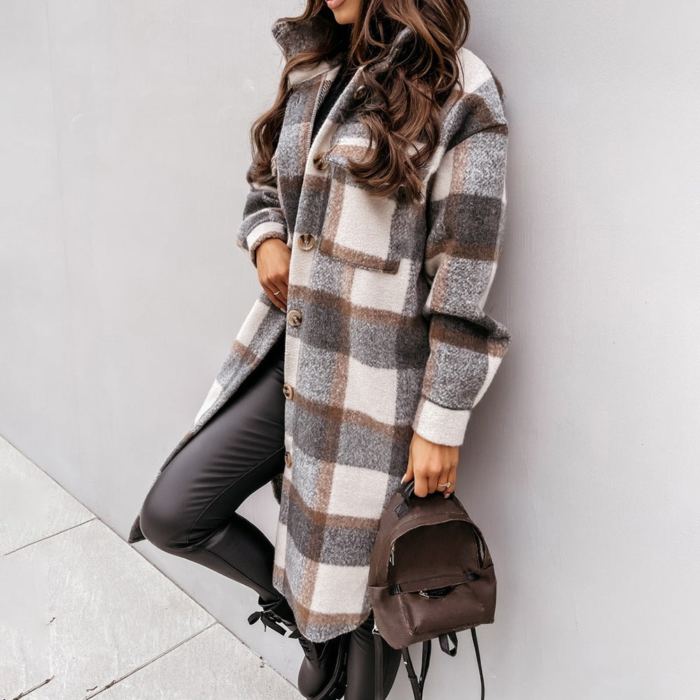 Abrigo largo de lana con cuello y botonadura sencilla para otoño e invierno