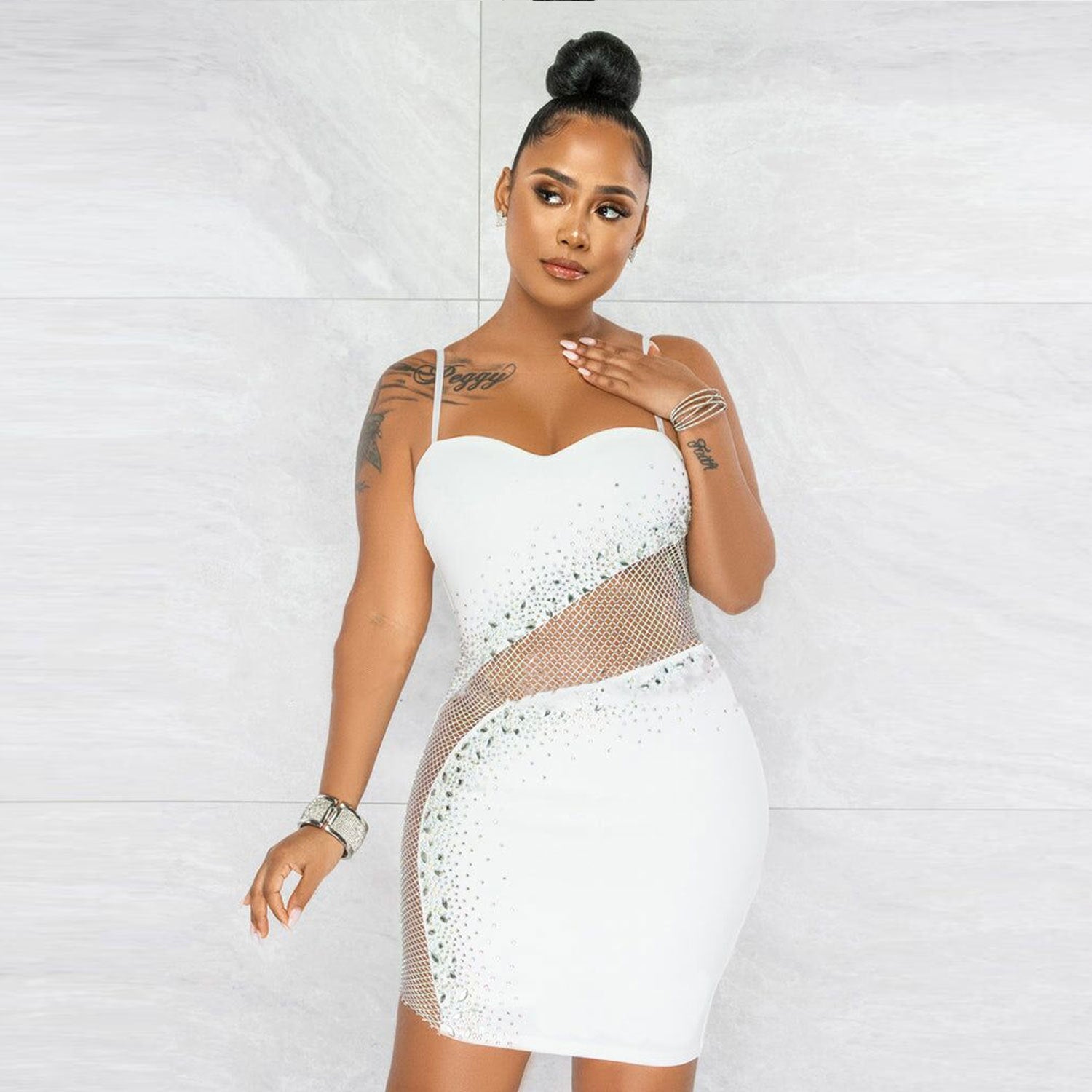 Sexy Slim-Fit Mesh Rhinestone Strap Dress WINNIEYA